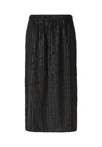 Zwarte midi-rok met elastische tailleband, voorzien van verticale textuurstrepen. De stof lijkt glad met reflecterende accenten overal.