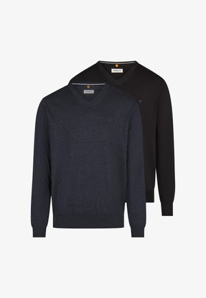 Dwa swetry z dekoltem w serek, jeden granatowy na przodzie, a drugi czarny za nim, oba z długimi rękawami oraz ściągaczami na mankietach i brzegach.