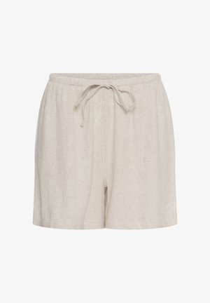 Pantaloni scurți bej din amestec de in, cu talie elastică și șnur ajustabil în față, croială dreaptă, concepuți pentru purtare casual.