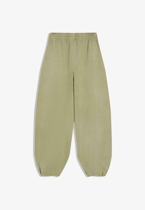 Lichtgroene, elastische taillebroek met een wijde pijp. Zachte stof met geplooide manchetten. Gladde textuur en ontspannen pasvorm.