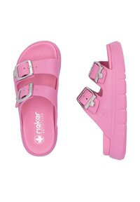 Pink sandals made of rubber with two adjustable straps and silver buckles; textured sole with grip; branded with “rieker antistress.”