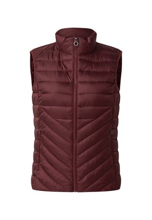 Bordeaux puffer vest met een hoge kraag, voorkant met ritssluiting en chevron-quiltpatroon. Voorzien van zijzakken met ritssluiting en mouwloos ontwerp.