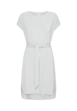 Svetlosivá krátkopyjmá voľnočasová šaty s okrúhlym výstrihom a opaskom so samostným viazaním v páse, s mierne zakriveným lemom.