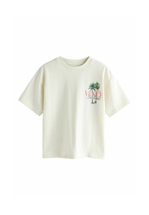 Kremfarvet t-shirts med korte ærmer med teksten "Venice Beach Los Angeles" og grafik af to palmer på venstre bryst.