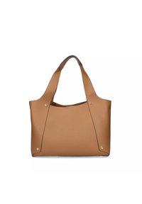 Borsa tote in cuoio tan con due spallacci, design minimalista, caratterizzata da dettagli in metallo argentato e una superficie liscia.