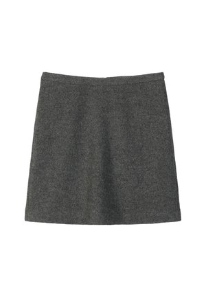 Grauer Woll-Minirock, A-Line-Design, glatte Textur, einfarbiger Stoff ohne sichtbare Muster oder Akzente, mit einem einfachen Taillenbund.