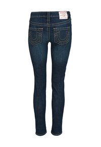 Donkerblauwe skinny jeans van denim met een taille die mid-rise is, gele stiksels en opvallende achterzakken met een gebogen ontwerp.