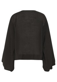 Schwarzes, leichtes, kurzes Top mit weiten Ärmeln und strukturierter Stoff. Einfaches, klares Design mit Rundhalsausschnitt und ohne Verzierungen.