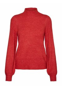 Roter Pullover mit hohem Kragen, langen Ärmeln und einer weichen, strukturierten Oberfläche. Entworfen mit einem figurbetonten Schnitt und leicht gepufften Ärmeln.
