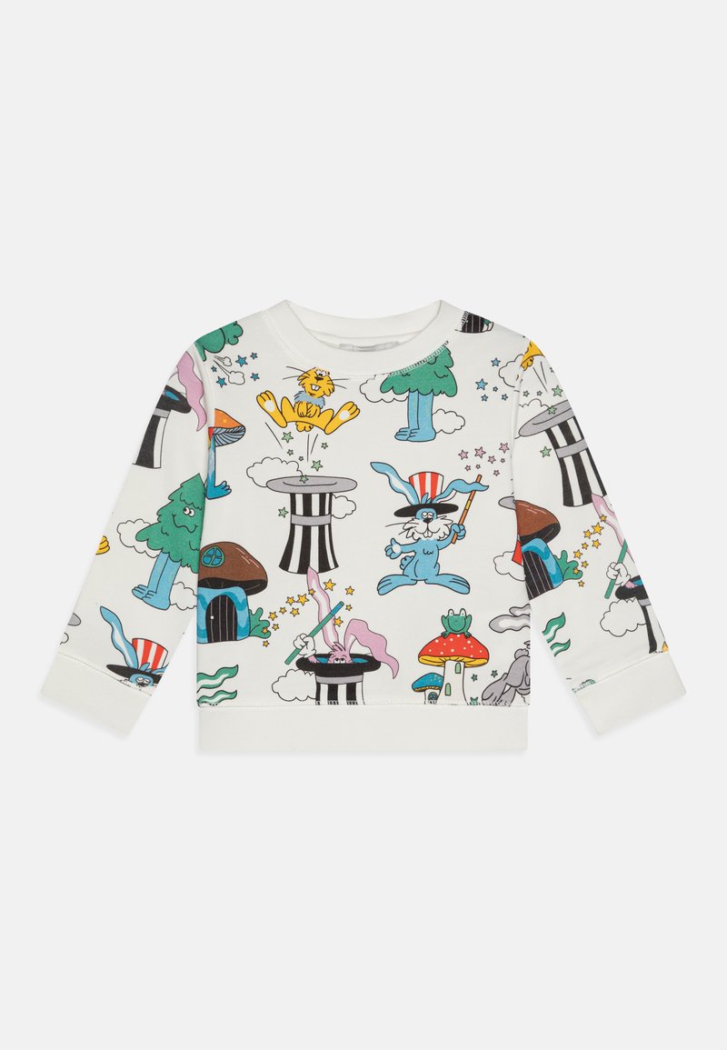 Long-sleeve sweatshirt in white with colorful cartoon patterns featuring animals, trees, and magical elements. Cuffs and hem are ribbed.