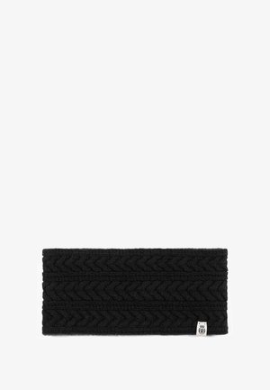 Schwarzes gestricktes Stirnband mit einem strukturierten Zickzackmuster, das auf einer Seite ein kleines gewebtes Etikett aufweist. Weiches, warmes Material.