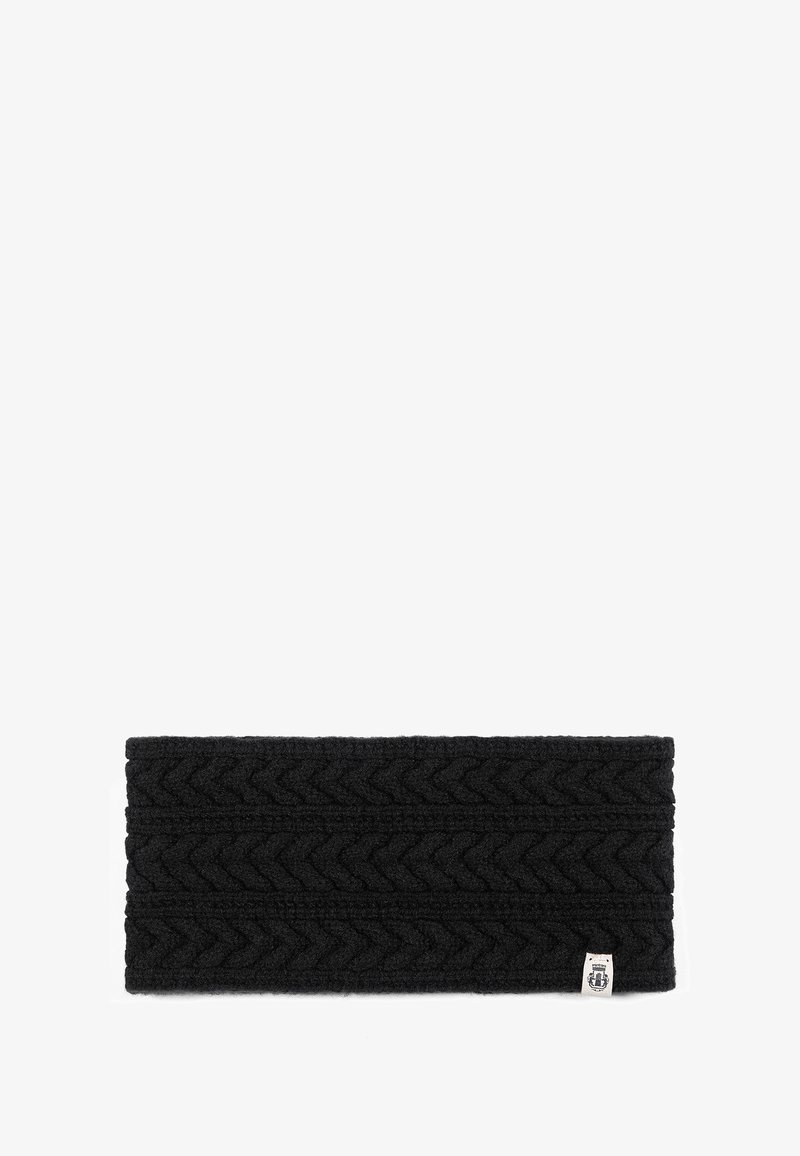Black knitted headband with a textured zigzag pattern, featuring a small woven label at one side. Soft, warm material.