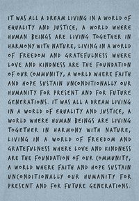 Texte sur un fond bleu texturé, avec une police noire de style manuscrit. Phrases répétées sur l'égalité, la justice et la communauté.