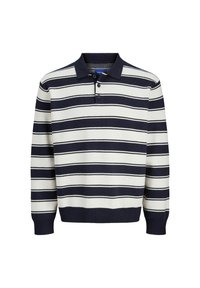 Námořnická a bílá pruhovaná polo košile s dlouhým rukávem, límečkem, knoflíkovou légou a ribovanými manžetami, vyrobená z jemné tkaniny.