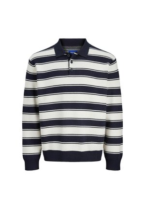 Granatowa i biała w paski koszula polo z długim rękawem, z kołnierzykiem, zapięciem na guziki i prążkowanymi mankietami, wykonana z miękkiego materiału.