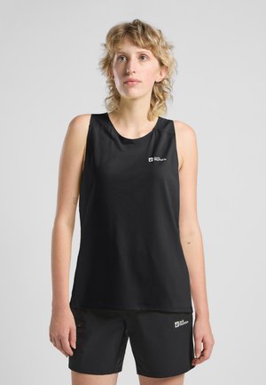 Zwarte mouwloze sporttop gemaakt van vochtafvoerende stof, met een gestructureerd oppervlak en een klein logo op de linkerborst.