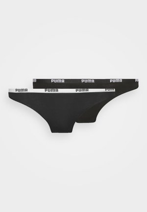 Dvi poros moteriškos thong tipo kelnaitės, viena juoda ir viena tamsiai pilka, abi su kontrastingomis elastingomis juostelėmis, ant kurių užrašytas „PUMA“ logotipas.
