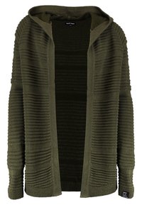 Olivgrön huva cardigan med texturerade ränder, öppen framsida, ribbade muddkanter och ett märke på nedre högra sidan.