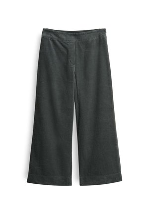 Donkergrijze wijde corduroy broek met elastische tailleband, plat weergegeven op een witte achtergrond.