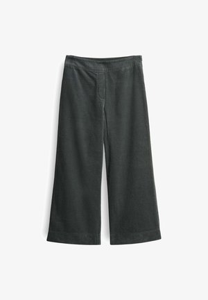 Donkergrijze wijde corduroy broek met elastische tailleband, plat weergegeven op een witte achtergrond.