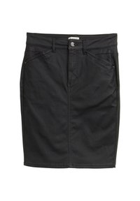 Jupe en denim noir avec un design ajusté, poches avant et fermeture à boutons visible. Texture lisse et longueur au genou.