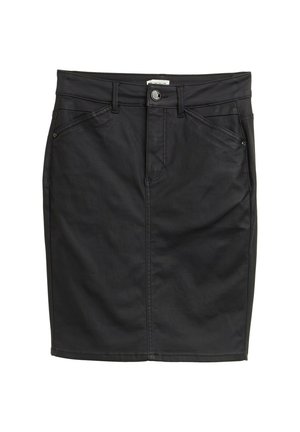 Jupe en denim noir avec un design ajusté, poches avant et fermeture à boutons visible. Texture lisse et longueur au genou.