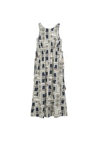 Mouwloze maxi-jurk in een patroonstof met geometrische vormen in marineblauw, crème en goud. Uitlopende stijl met zijstrikjes en zakken.