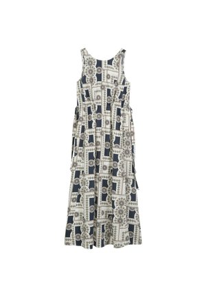 Sleeveless maxi dress in a patterned fabric featuring geometric shapes in navy, cream, and gold. Flared design with side ties and pockets.