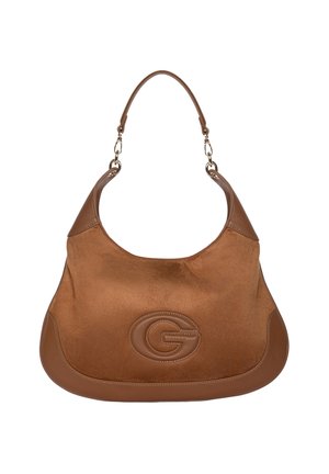 Borsa a tracolla in suede e pelle marrone con manico superiore curvo e logo ovale impresso al centro davanti.