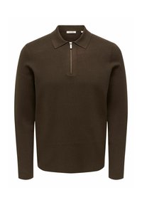 Brązowy długi rękaw sweter polo. Posiada zamek błyskawiczny przy szyi, klasyczny kołnierz oraz gładką, drobno dzianą teksturę. Bez wzorów i ozdób.