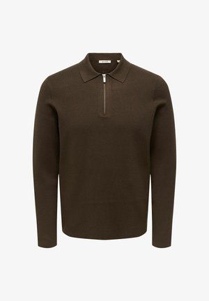 Brun langermet polotrøye. Har glidelås i halsen, klassisk krage og en glatt, finstrikket tekstur. Ingen mønstre eller detaljer.