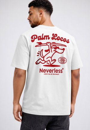 Man wearing white t-shirt with red cartoon dog carrying surfboard and text "Palm Locos, Wave Lovers Club, Neverless, catch me at the beach."
