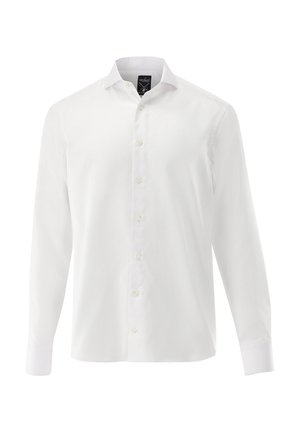 Weißes langärmliges Hemd mit Knopfleiste aus glatter Stoff, mit Kragen und dezentem Knopfverschluss. Verfügt über eine taillierte Passform.