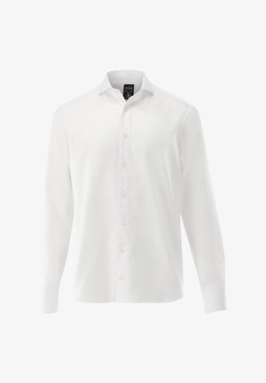 Weißes langärmliges Hemd mit Knopfleiste aus glatter Stoff, mit Kragen und dezentem Knopfverschluss. Verfügt über eine taillierte Passform.