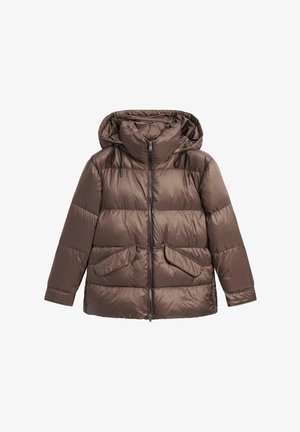 Braune, glänzende, wattierte Winterjacke mit Kapuze, vorderem Reißverschluss, verstellbaren Kordelzügen und zwei Klappentaschen.