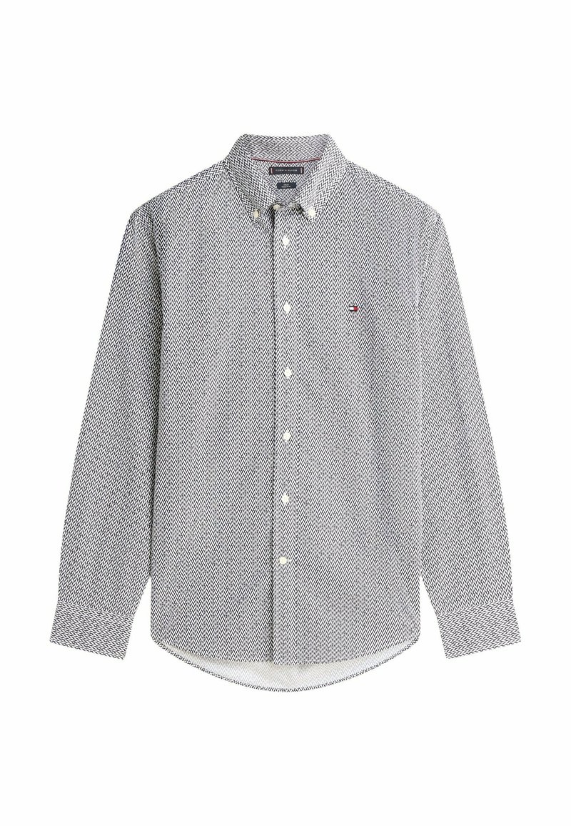 Chemise à manches longues boutonnée avec motif zigzag noir et blanc, col boutonné et petit logo brodé sur la poitrine gauche.