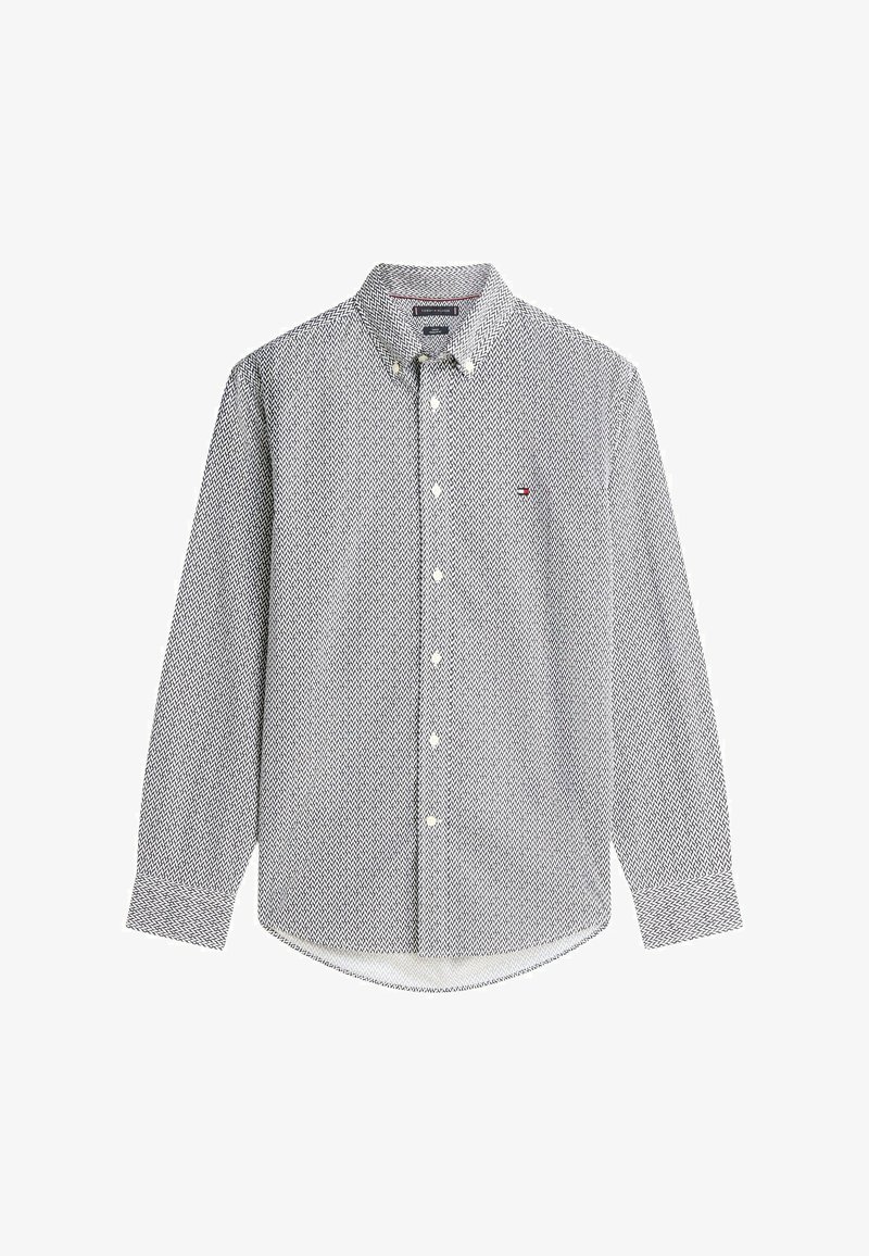 Chemise à manches longues boutonnée avec motif zigzag noir et blanc, col boutonné et petit logo brodé sur la poitrine gauche.