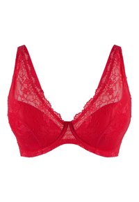 Red lace bra featuring a smooth fabric base, floral lace overlay, wide straps, and a structured shape with a seamless cup design.