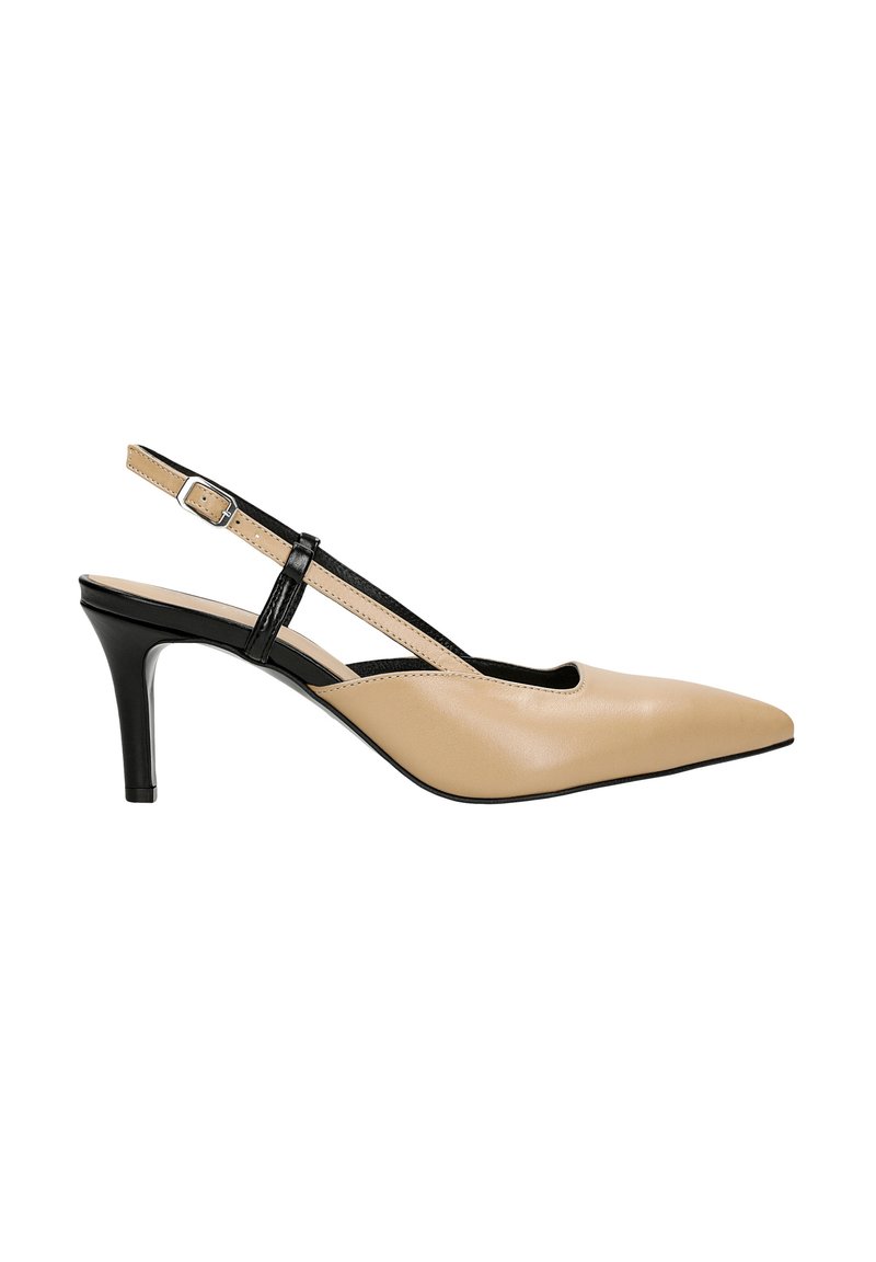 Beige lodičky se špičatou špičkou a černým páskem, kožený materiál, s 7,5 cm jehlovým podpatkem. Hladká textura a minimální designové detaily.