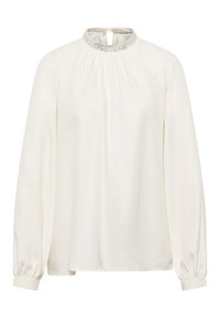 Langærmet cremebluse med rynket halsudskæring og sølvfarvet palietkant på kraven, knaplukning bagpå og manchetter ved ærmerne.