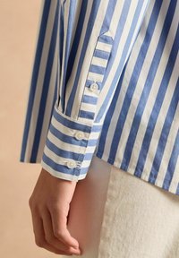 Blue and white striped shirt with a buttoned cuff and embroidered detail. Features long sleeves and a tailored fit.