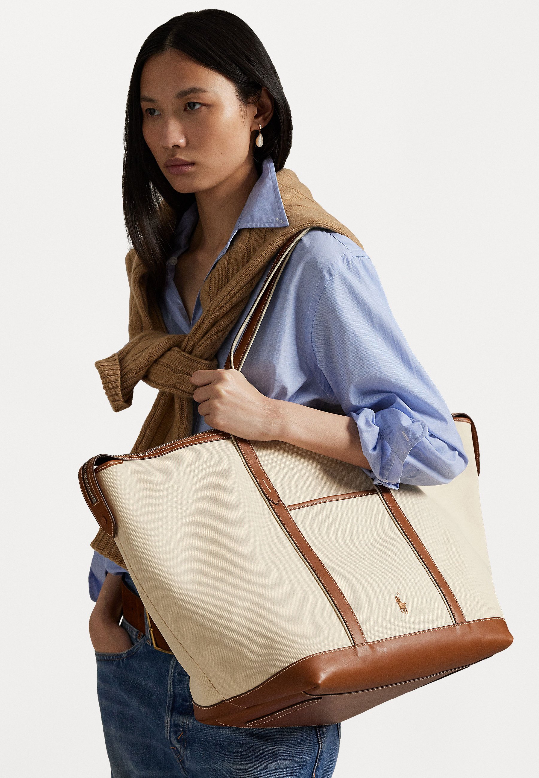 バッグ Polo Ralph Lauren Canvas Leather Bag Polo Ralph Lauren LEATHER-TRIM CANVAS LARGE SHOPPER TOTE - Saco de