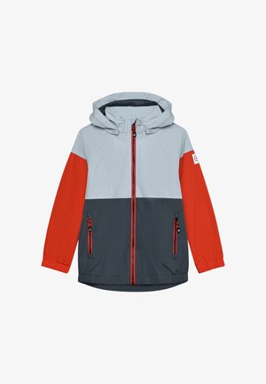 Kapuzensweatshirt mit hellgrauem Oberteil, dunkelgrauem Unterteil und roten Ärmeln. Verfügt über Reißverschlusstaschen und einen kontrastierenden roten Reißverschluss. Glattes, leichtes Material.