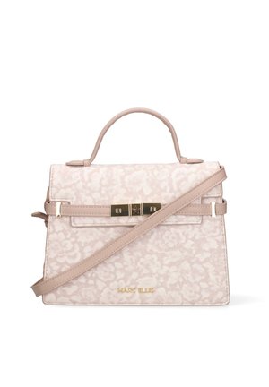 Sac à main rose clair à motif floral, poignée supérieure, bandoulière réglable, fermoir doré et logo "MARC ELLIS" sur le devant.