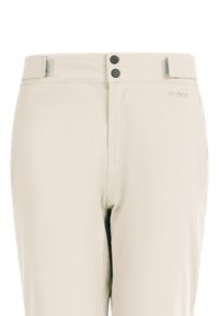 Lichtbeige broek gemaakt van zachte stof met een rechte snit, voorzien van twee zwarte knopen bij de taille en een subtiel logo aan de zijkant.