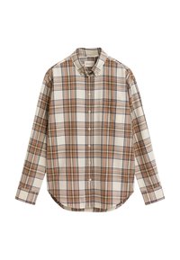Geruite shirt met een beige, oranje en zwarte kleurenschema. Knopen ontwerp met een kraag en een enkele borstzak. Katoenen materiaal.