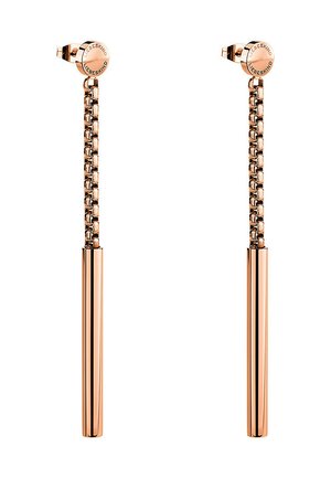 Roze gouden oorbellen met een kettinglinkontwerp, een gladde cilindervormige onderkant en een ronde studs, wat een elegante uitstraling geeft.