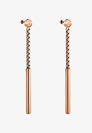 Roze gouden oorbellen met een kettinglinkontwerp, een gladde cilindervormige onderkant en een ronde studs, wat een elegante uitstraling geeft.