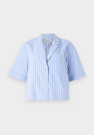 Blue and white striped short-sleeve shirt with a collar, front buttons, single pocket, and contrasting stripes on the sleeves.