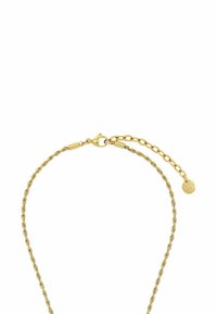 Collana color oro con design a corda attorcigliata, dotata di un gancio a molla e di una catena di estensione con un piccolo pendente rotondo.